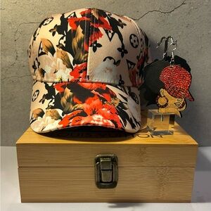 Floral Patterned Cap with Rhinestone Earrings.
